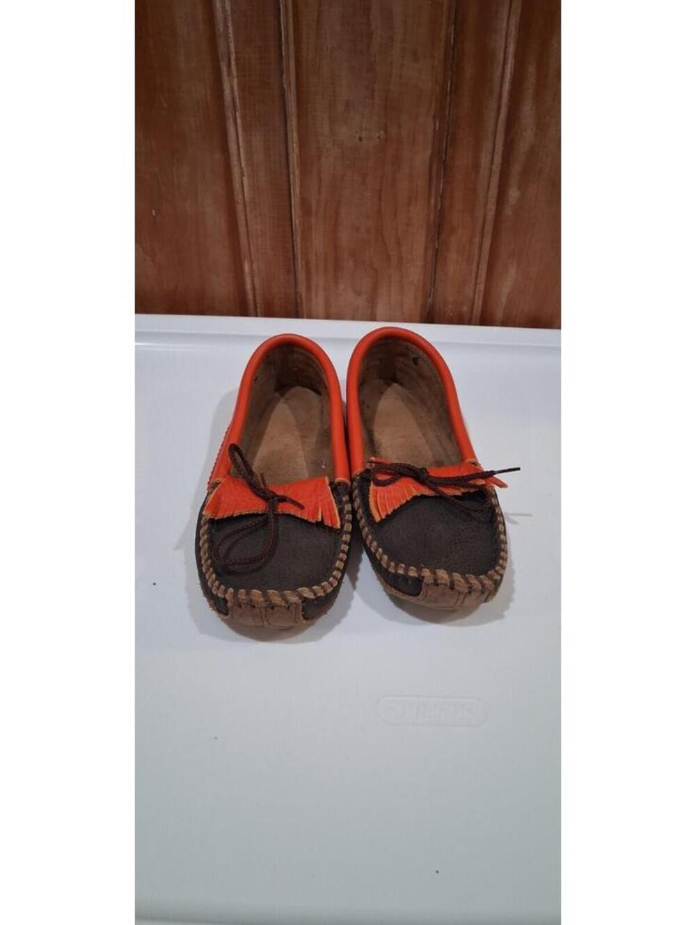 Vintage Handmade Leather Moccasins Size 6 Soft Sole Two Tone Orange Brown Y2K